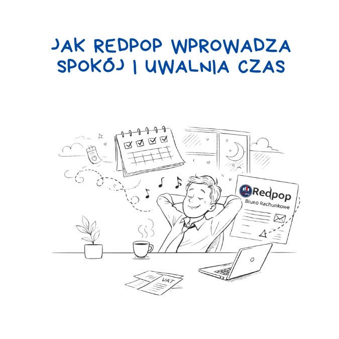 Jak Redpop wprowadza spokój w księgowości. Ilustracja pokazuje, jak Redpop porządkuje księgowość w Szwecji: dopilnowane terminy, VAT pod kontrolą i więcej spokoju.